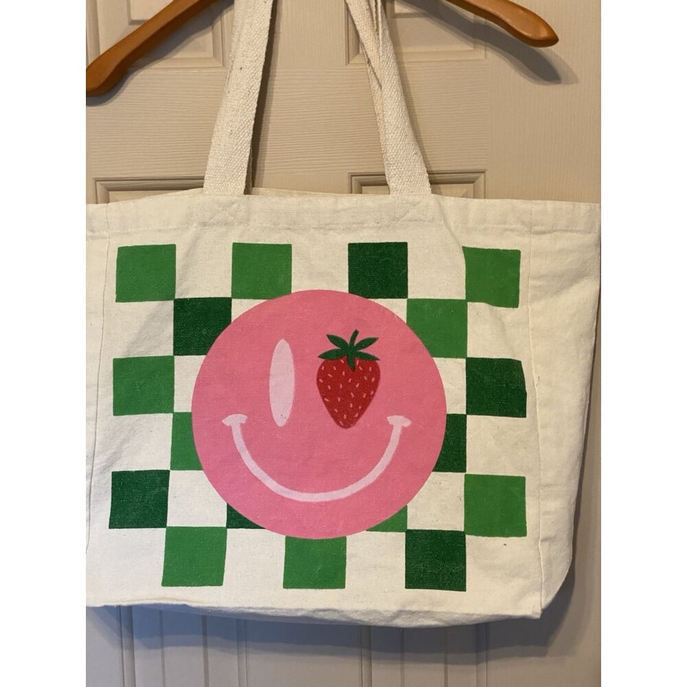 Green White Checker Board Canvas Tote Bag 16x15x6 Pink Smiley Face - Picture 6 of 8